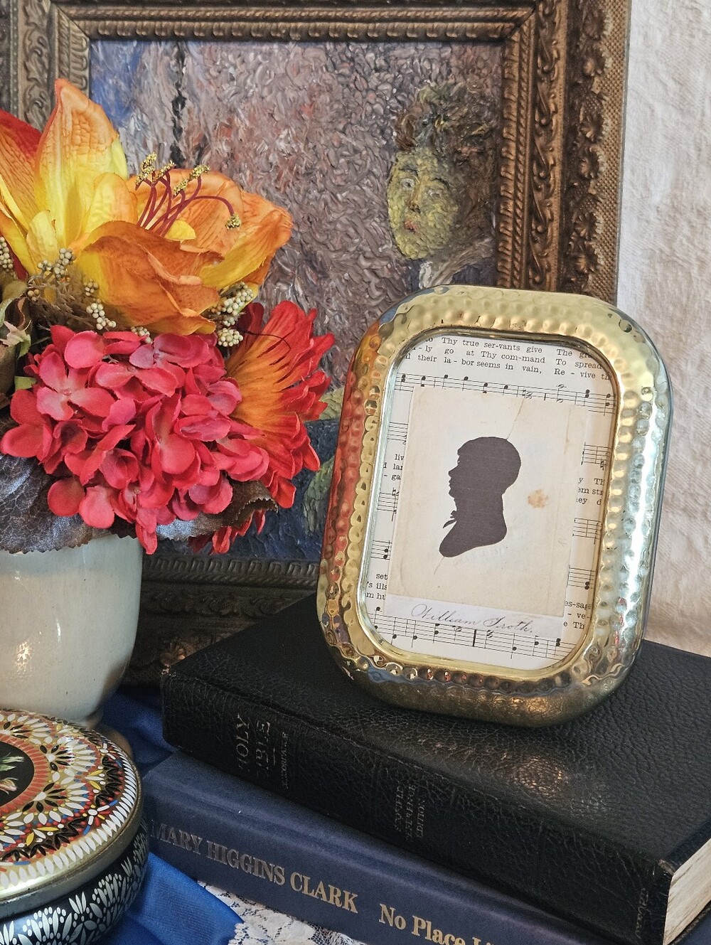 Vintage Silhouette Portrait Framed in Embossed, Hammered Metal Border